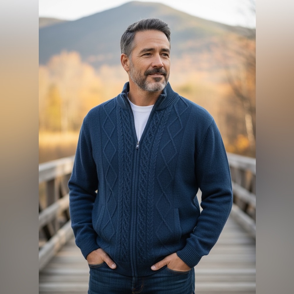 Mens ARAN WOOLEN MILLS Navy blue lined zip up wool cardigan sweater L